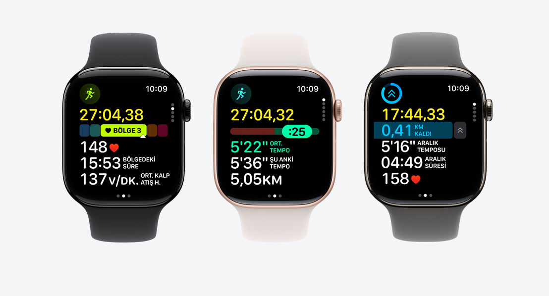 Apple Watch Series 11 fitness ekranları: Kalp Atış Hızı Bölgeleri, Tempo, aralıklı Özel Antrenman