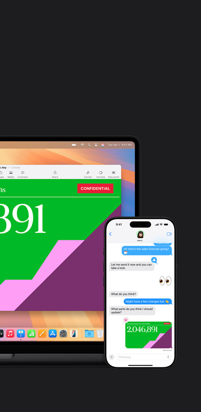Mac 的螢幕上顯示一份簡報。Mac 前面的 iPhone 顯示討論對話和分享的簡報。