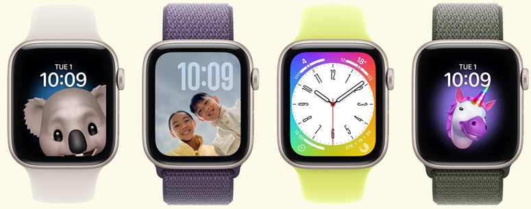 Fun and funny watch faces, Face 1: Koala Memoji, time centered at top of screen, Face 2: Photos, time in top-right corner, Face 3: Metropolitan Rainbow, multicolored backround, analog clock, Face 4: Poop Memoji, tongue out, time centered at top of screen, coordinating case and band colors