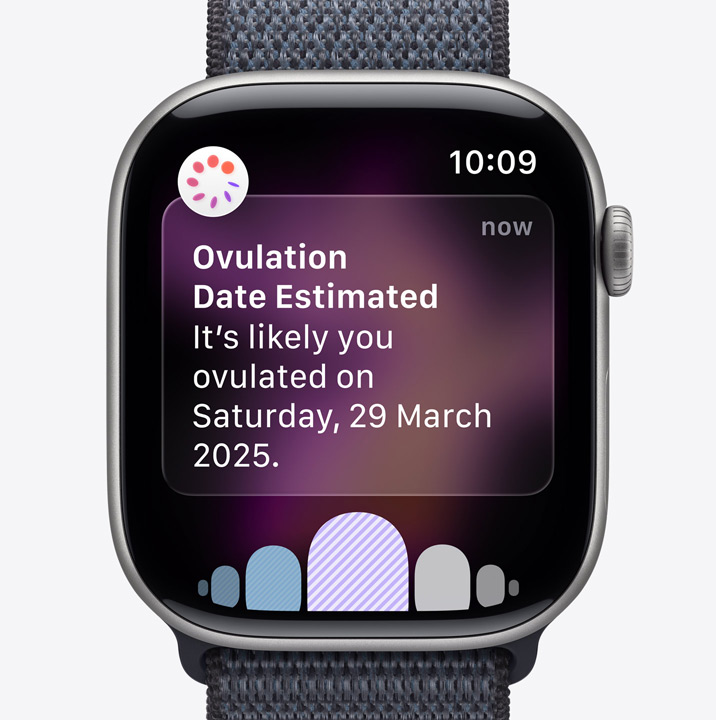 Apple Watch Series 11, space grey colour, aluminium case, ovulation date estimation notification from Cycle Tracking in Health app, Digital Crown, Sport Loop, dark grey colour