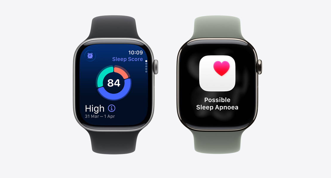 Two Apple Watch Series 11, sleep score screen, possible sleep apnoea notification