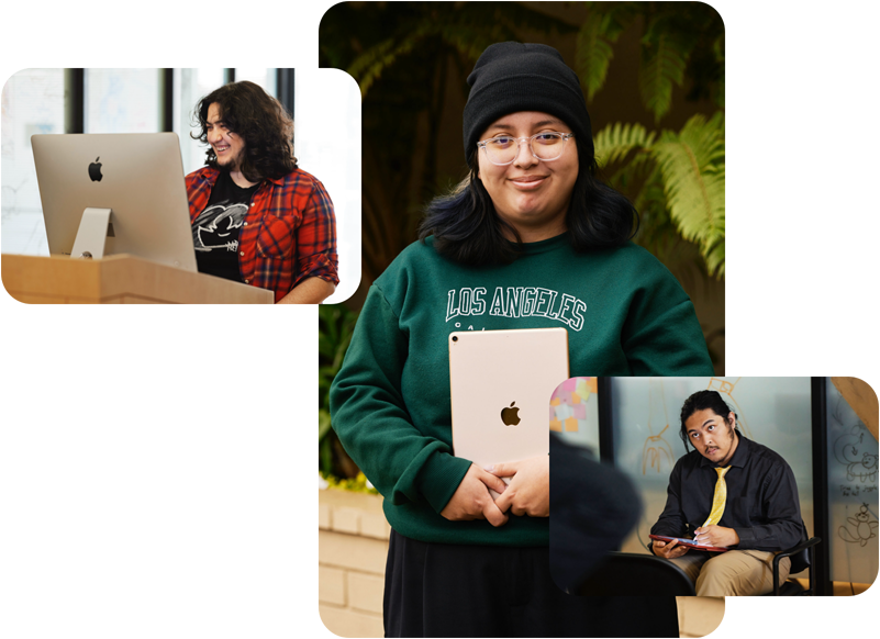 ثلاث صور لطلاب من برنامج Exceptional Minds، أحدهم يعمل على كمبيوتر Mac، والثاني يحمل جهاز iPad جانبه الخلفي موجه نحو الخارج، والآخر يشاهد نموذجاً ويرسم على iPad باستخدام قلم Apple