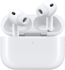 AirPods Pro 3 i kutijica za punjenje MagSafe (USB‑C), zaobljeni vanjski izgled kutijice, LED indikator napajanja, otvoren poklopac kutijice, bijela boja, bežične slušalice sa silikonskim kapicama, na unutarnjim stranama stapki nalazi se slovo L odnosno R