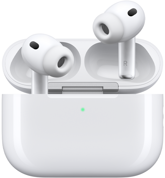 AirPods Pro 3, MagSafe-laddningsetui (usb-c) med rundad utsida, LED-strömindikator, öppet lock, vitt, trådlösa hörlurar med örontoppar i silikon, på insidan av det ena skaftet står bokstaven L och på det andra R