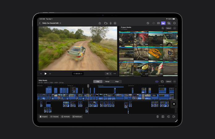 13 Zoll iPad Pro Bildschirm, Final Cut Pro Oberfläche und Timeline mit einem grünen Auto, das auf einer offenen Straße fährt