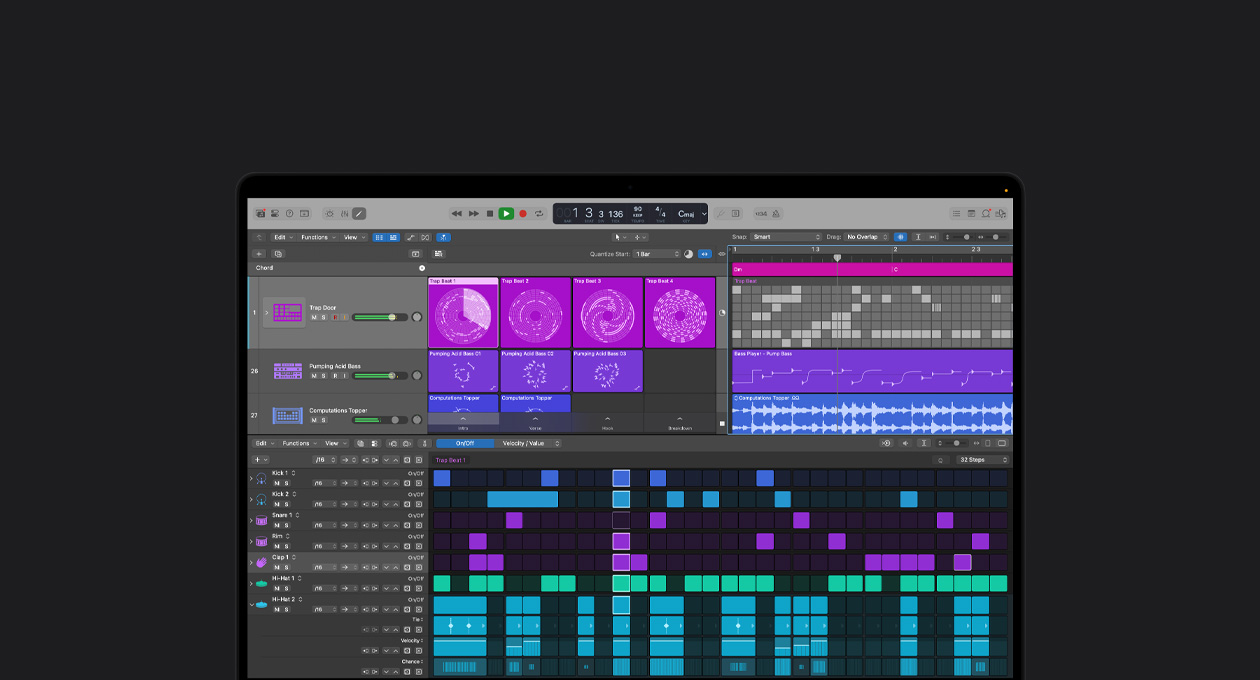 MacBook Pro 16 screen showing Logic Pro mixing board with purple and pink squares representing different audio layers and sounds, and beat making tools with different colour blocks representing different percussion instruments at the bottom.