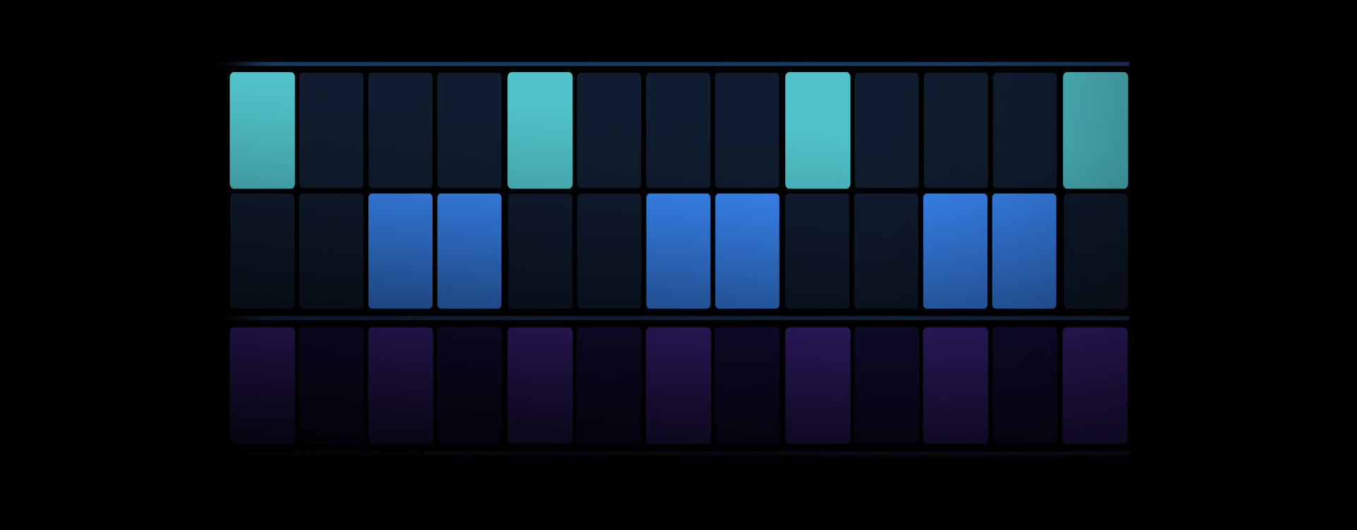 Logic Pro screen, interface for sequencing beats with turquoise, navy and purple buttons