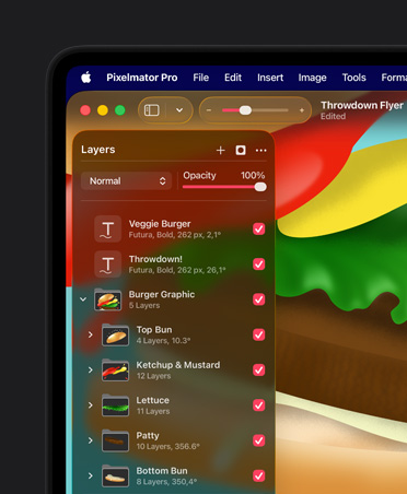Pixelmator Pro Werkzeuge zum Ebenenaufbau, Werkzeuge zum Anordnen, Grafik eines Hamburgers für einen Flyer