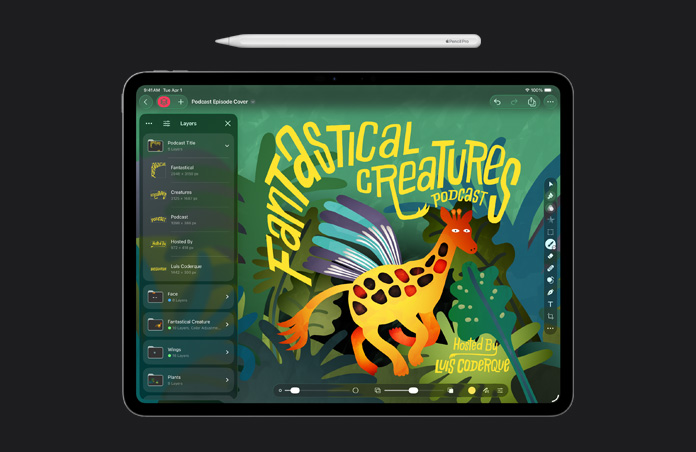 Apple Pencil, 13 Zoll iPad Pro Display, Pixelmator Pro, Illustration eines Covers für eine Podcastfolge, Ebenen Toolkit