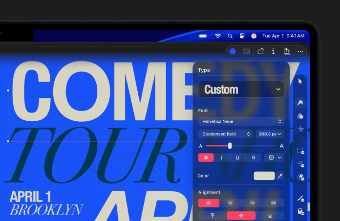 Pixelmator Pro Arbeitsbereich mit weißer und schwarzer Typografie auf blauem Hintergrund, Toolbar rechts