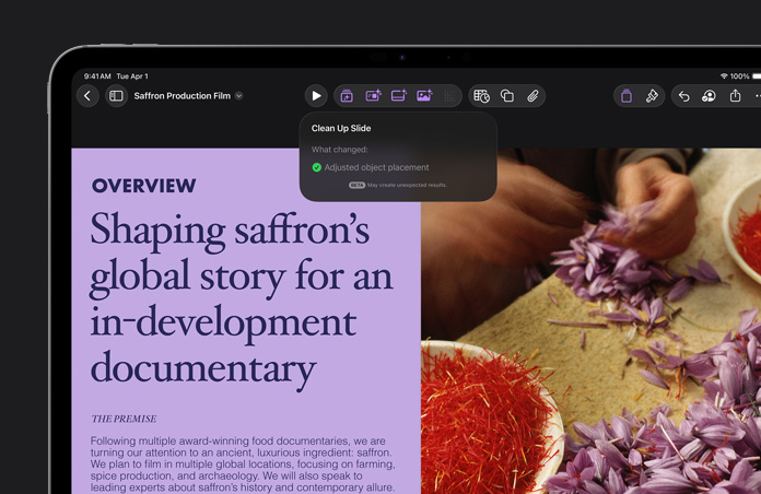 13 Zoll iPad Pro Display, Keynote Oberfläche mit einer violetten Folie mit Überblick und dem Feature „Folie bereinigen“