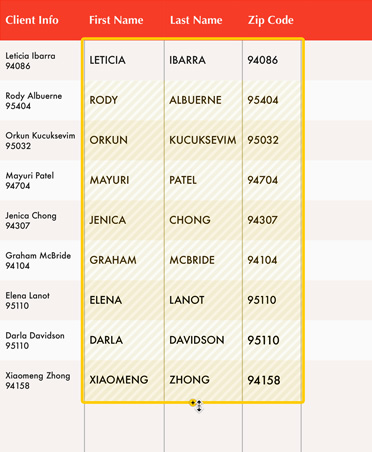 Eine weiß-rote Tabelle mit Kundeninformationen, das Feature „Magic Fill“ zeigt ausgefüllte leere Zellen in Gelb