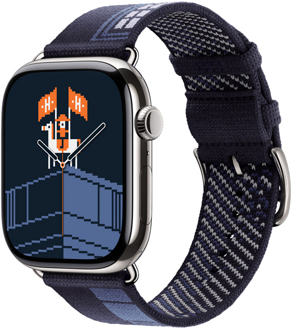 Apple Watch Hermès Series 11, boîtier en titane, argent, cadran et bracelet Faubourg Party