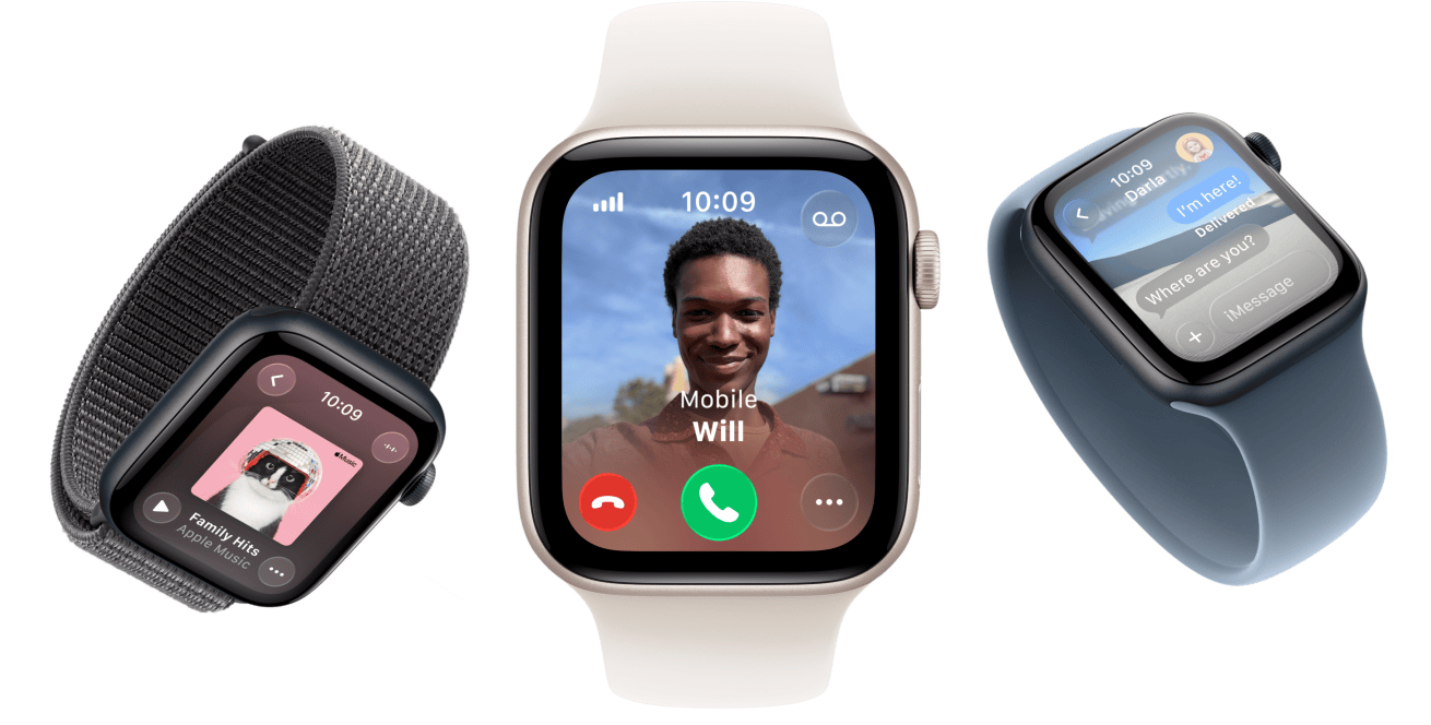 Apple Watch SE 3-enheder: urkasser i aluminium i farverne stjerneskær og midnat, Flettet Solo Loop i farven gurkemeje, Solo Loop i neongul, Sport Loop i mørkegrå, skærmene viser: Apple Pay, Kontrolcenter og Apple Music