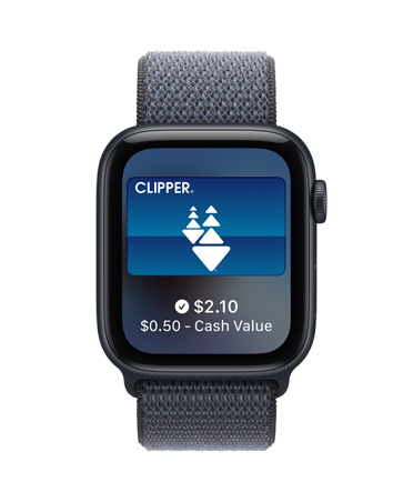 Apple Watch SE 3, aluminum case, midnight color, Apple Pay in Apple Wallet, right side exterior, Digital Crown, band, Sport Loop, anchor blue color