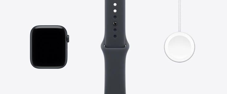 Apple Watch SE 3, alumiiniumkorpus, öösinine, esikülg, servast serva ekraan, öösinine Sport Band, Apple Watchi magnetkiirlaadija USB‑C kaabliga