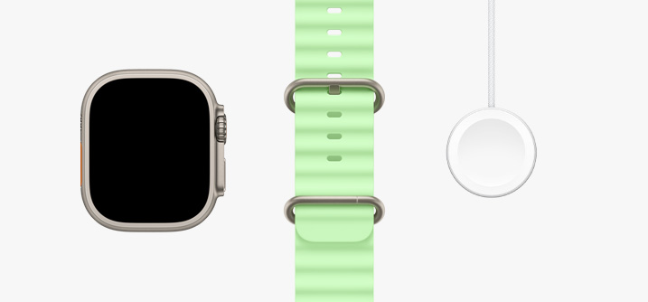 Apple Watch Ultra 3, kast van naturel titanium, display van rand tot rand, neongroen Ocean-bandje, magnetische snellader-naar-USB‑C-kabel voor Apple Watch