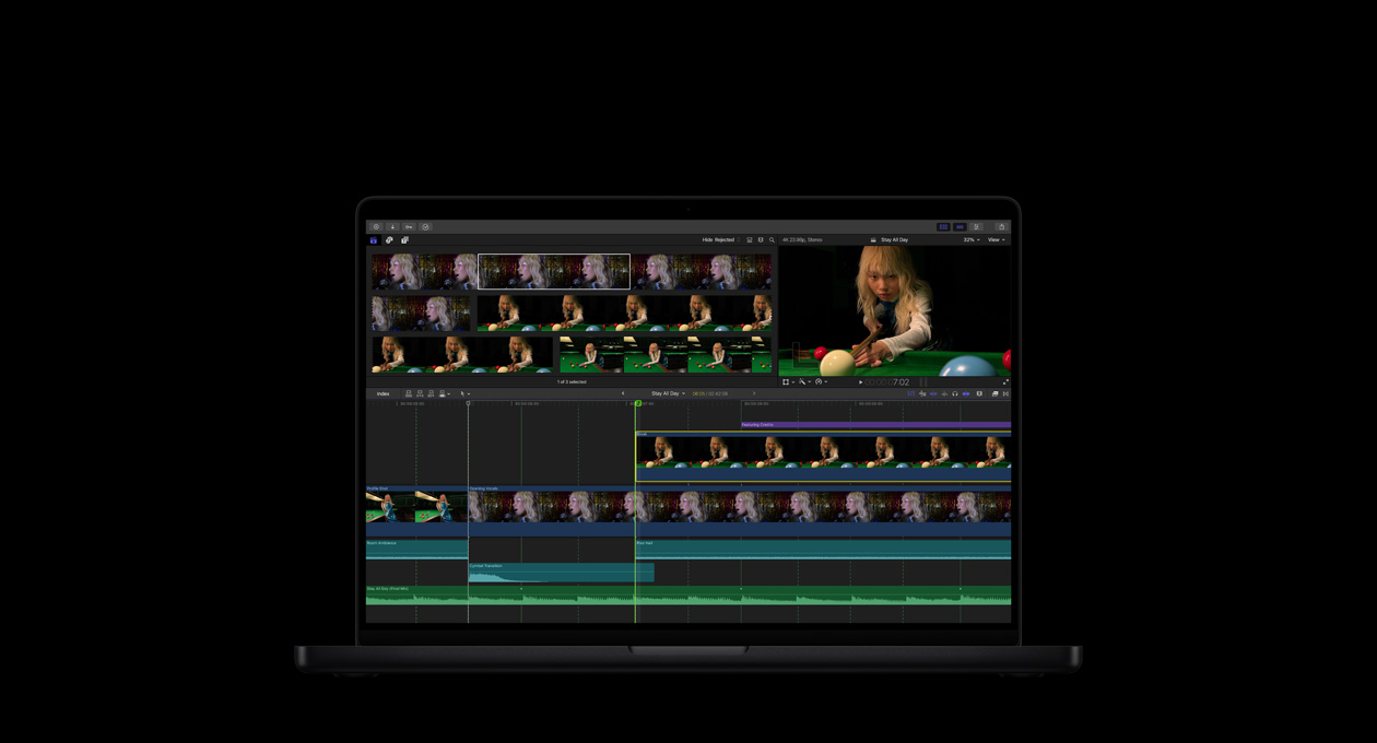 MacBook Pro 16, video clips of a person with blonde hair singing and playing billiards, editing timeline at the bottom