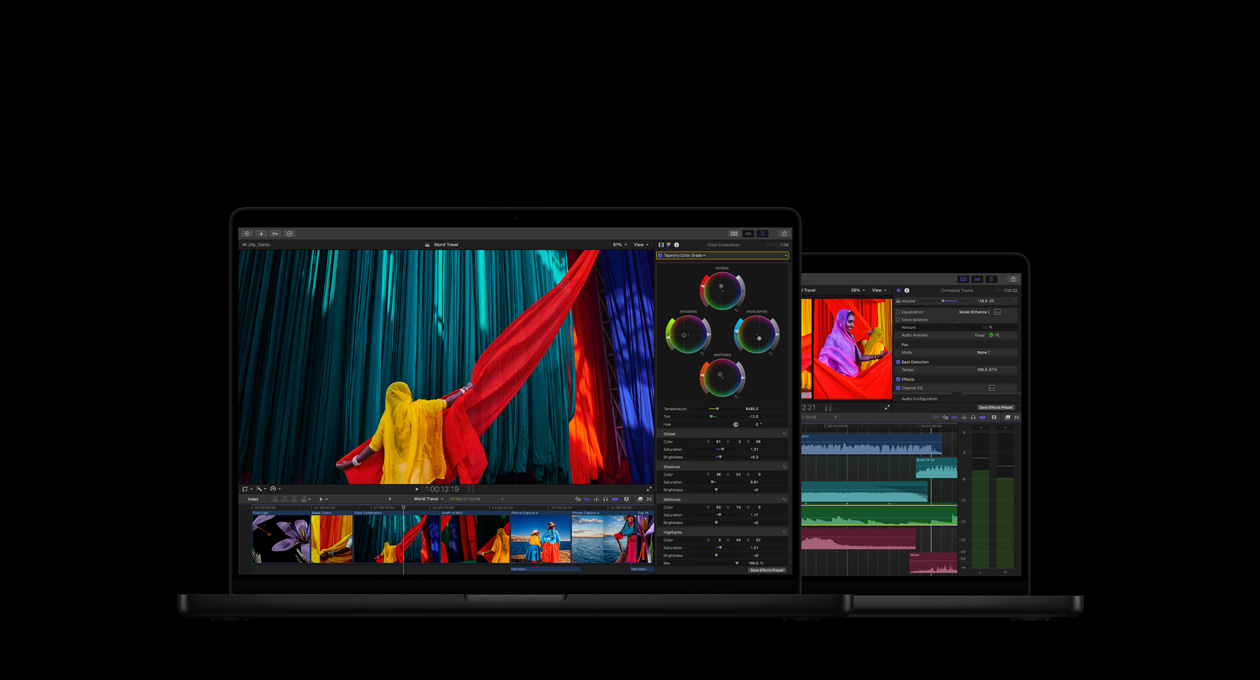 MacBook Pro 16 showing colour grading tools, a woman in a yellow sari with red fabric on a blue background, MacBook Pro 14 showing edit screen showing audio waveforms and EQ tool