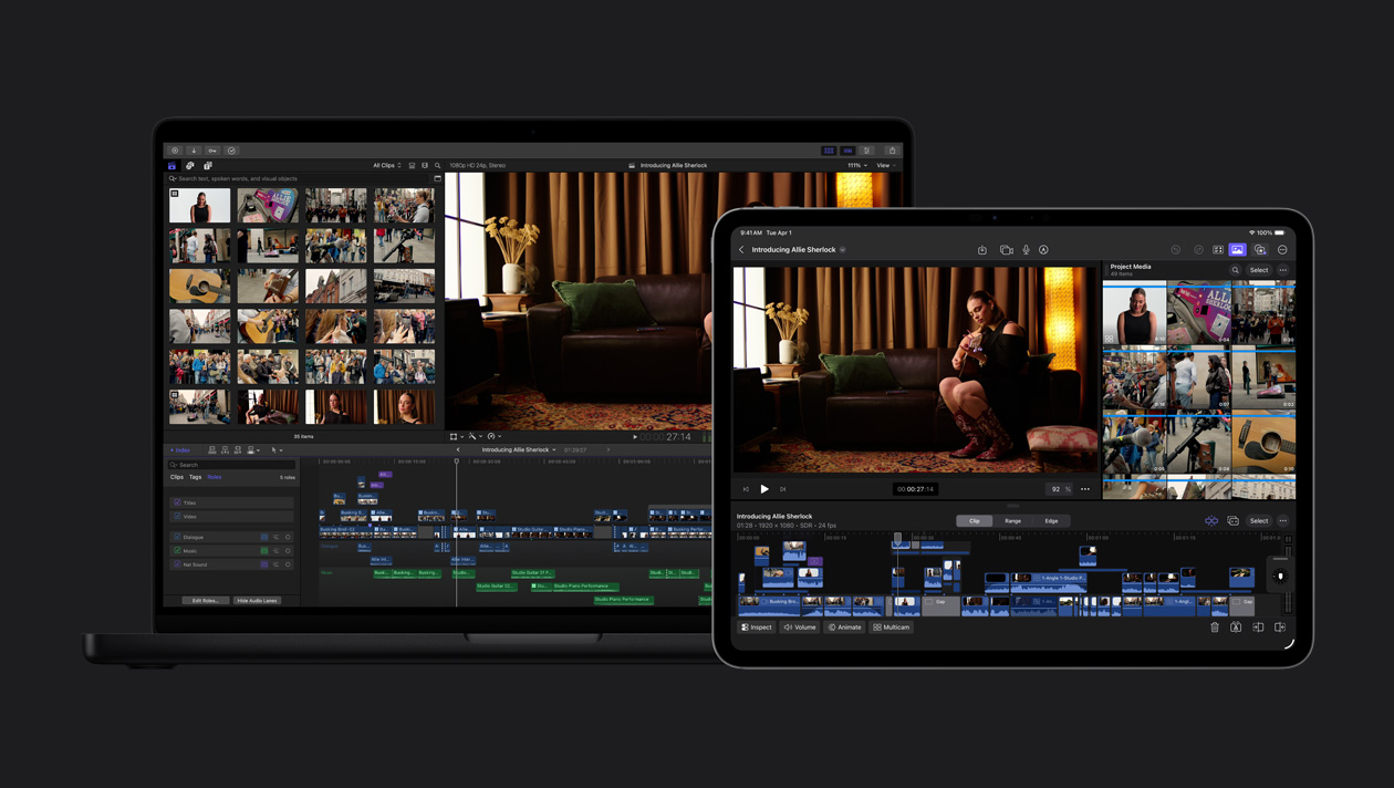 iPad Pro 13 and MacBook Pro 14 screens showing clips of a woman playing guitar on a couch, clips from a video at the bottom of iPad Pro screen, a timeline at the bottom of a MacBook Pro screen