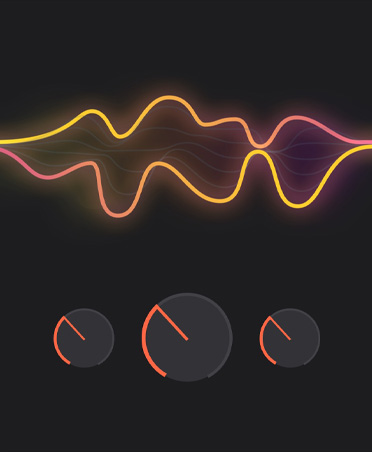 Screen with yellow, pink, orange sound waves, three grey circles with red partial outline, sound editing