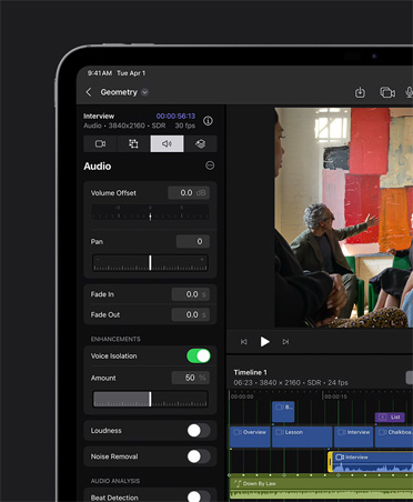iPad Pro 13 screen showing sound editing workspace, voice isolation with controls and adjustments on the left, and an image of students sitting in a classroom and a professor pointing to a painting on the right