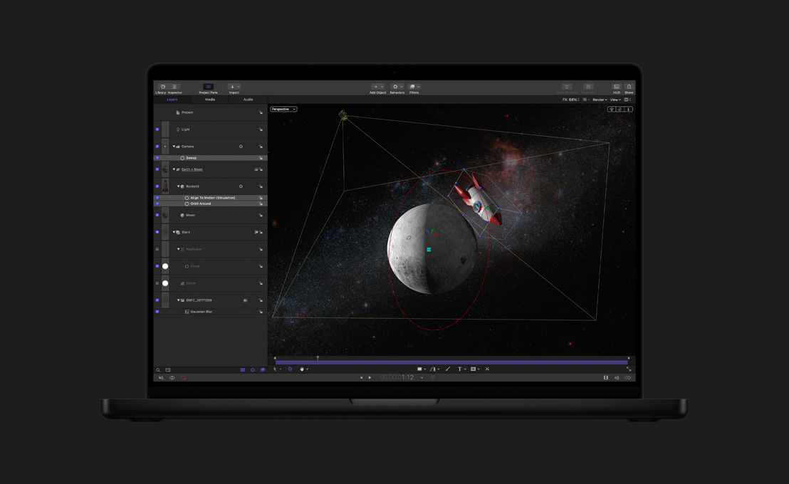 MacBook Pro 16, stylized image of a rocket orbiting the moon demonstrating motion simulation