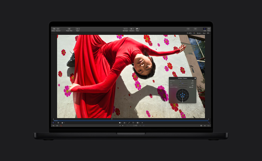 MacBook Pro 16, a woman in a red dress, demo of flowers being added to background