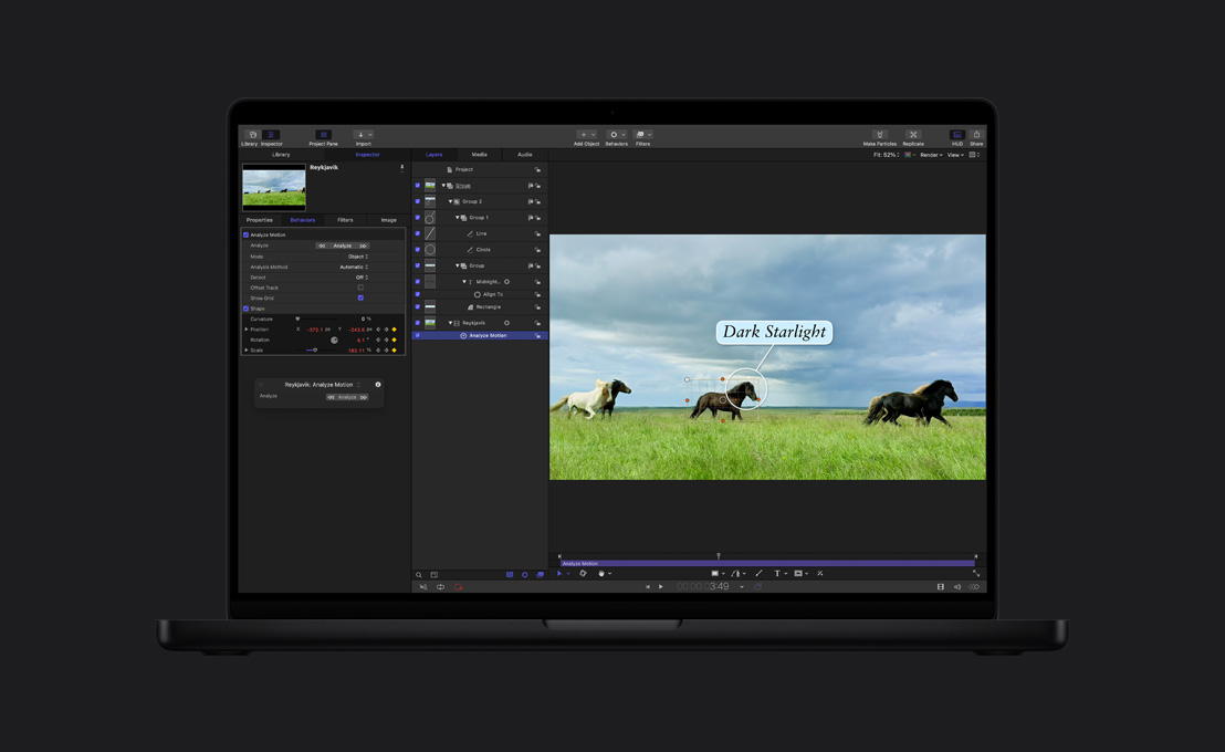 MacBook Pro 16, five horses running in a green field, demo of object tracking