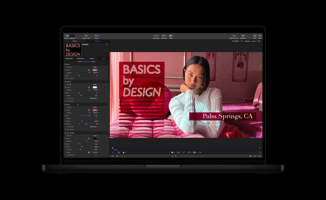 MacBook Pro 16, a woman in white sweater on a red sofa, demonstration of 2D titles