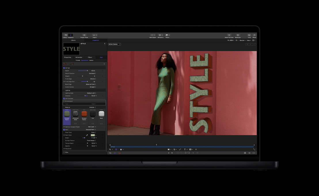 MacBook Pro 16, a woman in green and yellow striped dress against a red background, demonstration of 3D titles