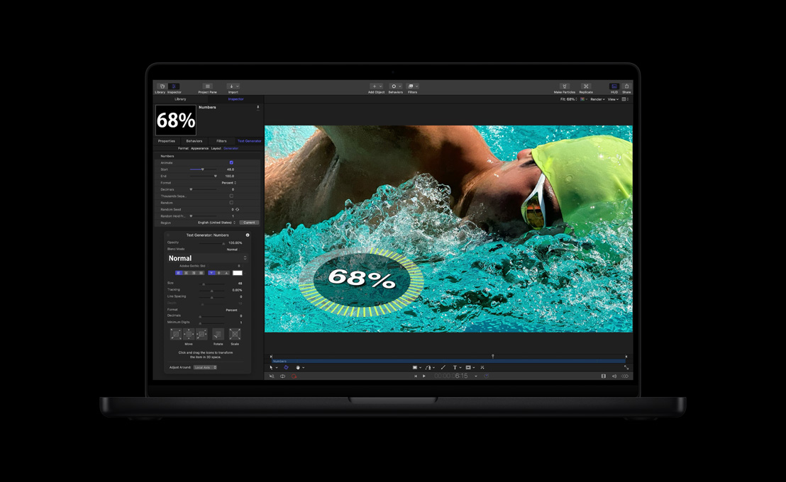 MacBook Pro 16, a swimmer in a pool, demonstration of 2D and 3D text generation