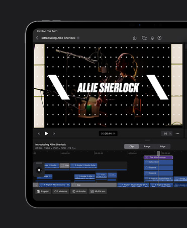 iPad Pro 13, Music video edit with titles superimposed on image, tools for choosing fonts, colours and layout, title reads Allie Sherlock