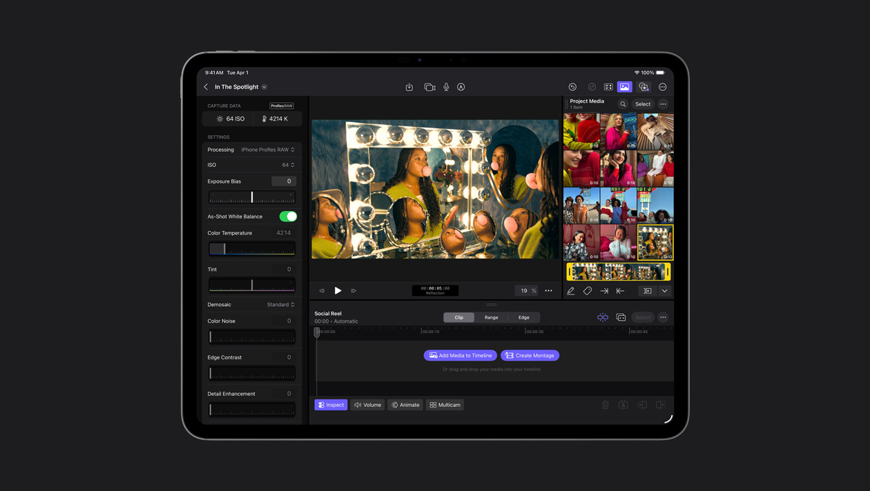 iPad Pro 13 screen showing an image of a woman with braids blowing bubble gum in front of several mirrors, project media to the right, settings panel to the left, social reel clips at the bottom of the screen