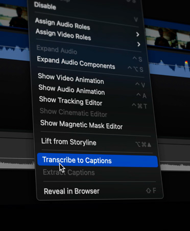 Close-up of a drop down menu with transcribe to captions selected