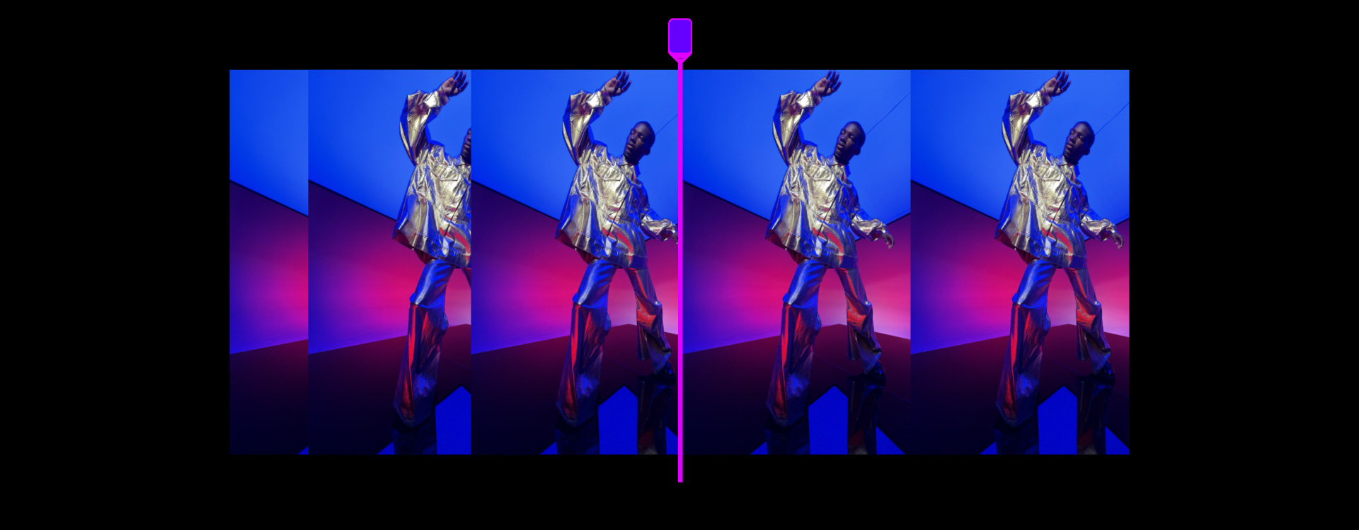 Multiple frames of a male dancer in a silver suit against a blue and red background, slider moving across each frame