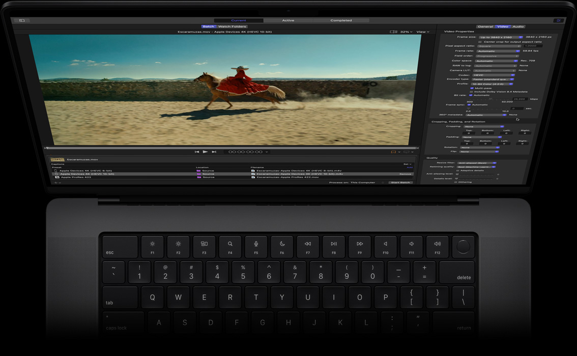MacBook Pro 16, screen showing Compressor workspace with an image of a woman in a red dress riding a horse, demo of batch export