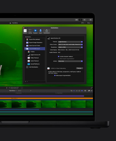 MacBook Pro 16 screen showing an image of a car with moody green lighting, export file window open, video clips at the bottom