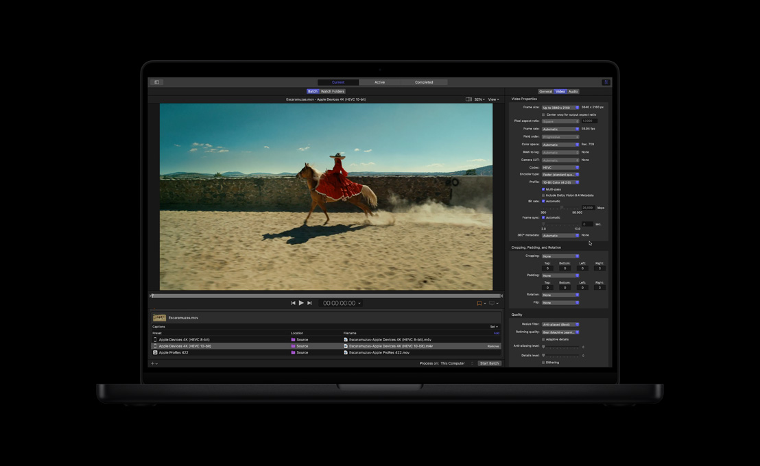 MacBook Pro 16, a woman in a red dress riding a horse, demo of Compressor export