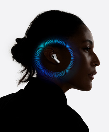 Right-side profile of a person wearing white AirPods Pro 3