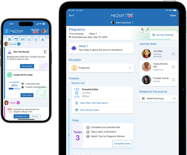 iPhone und iPad Displays, auf denen MyChart App von Epic angezeigt wird.