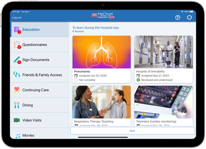 Software, die Epic MyChart Bedside zeigt.