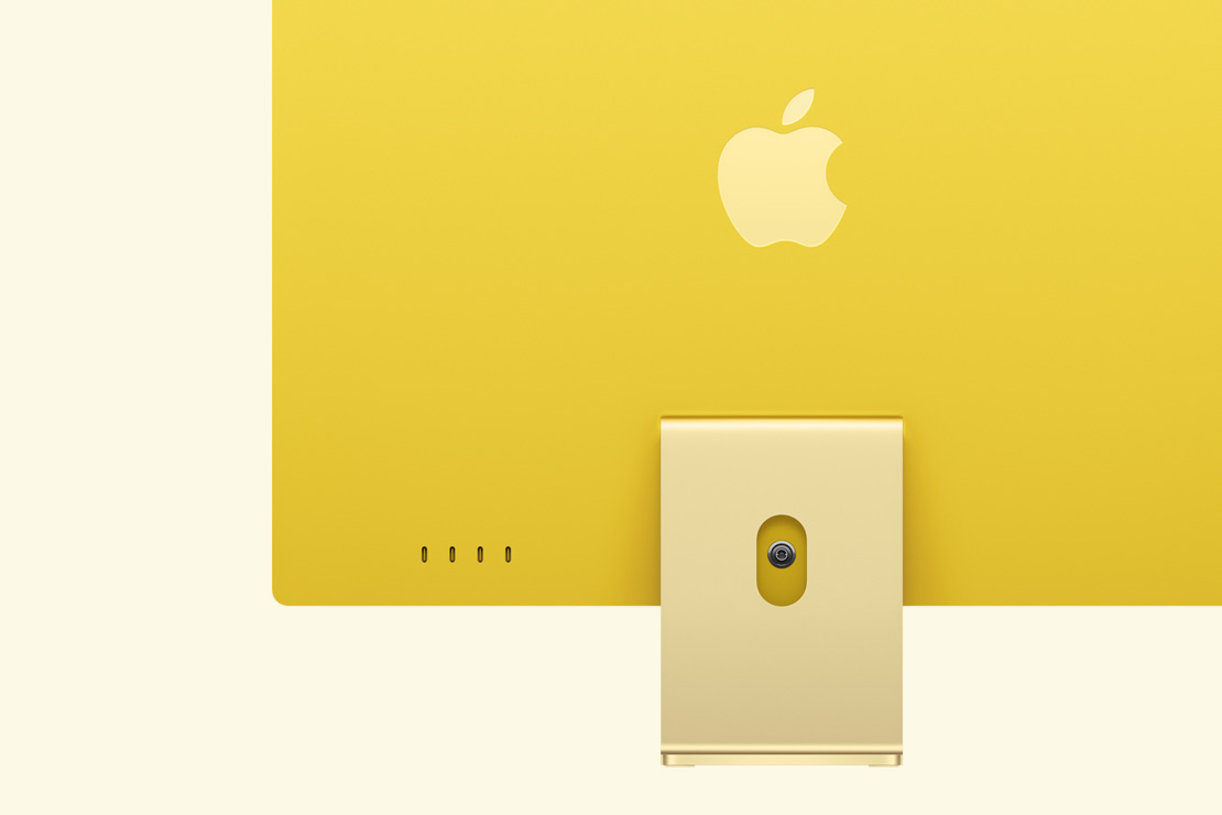 Stražnji prikaz žutog iMaca s prikazom 4 priključka USB‑C