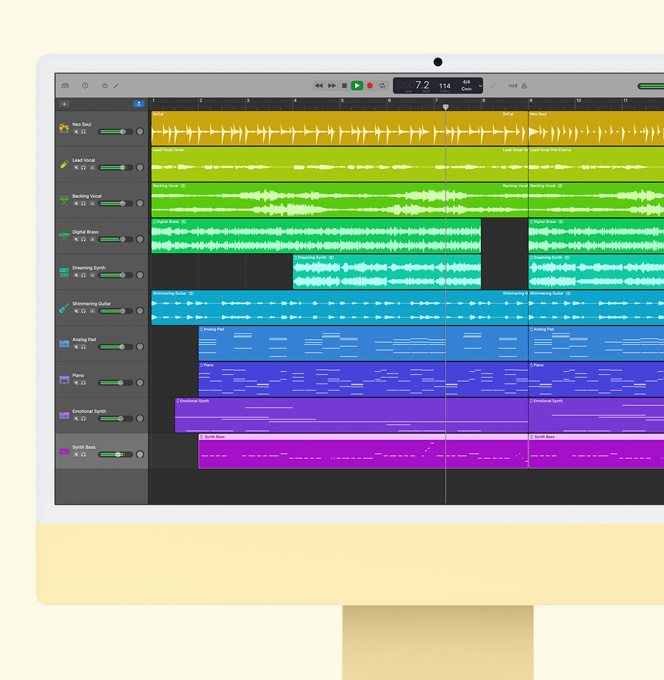 Žuti iMac. Na zaslonu se prikazuje GarageBand