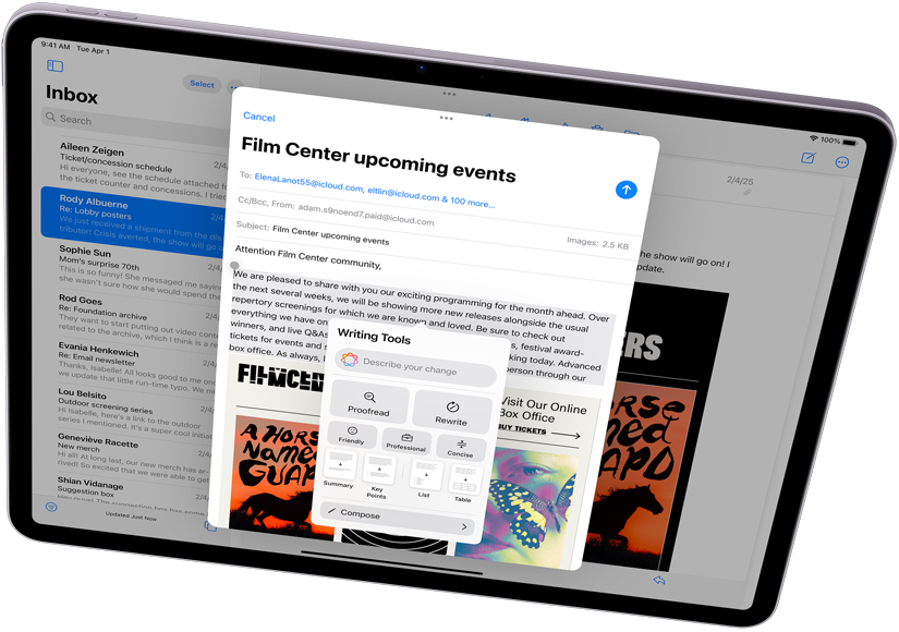Horizontāli novietots iPad Air demonstrē Apple Intelligence ar Writing Tools un Mail