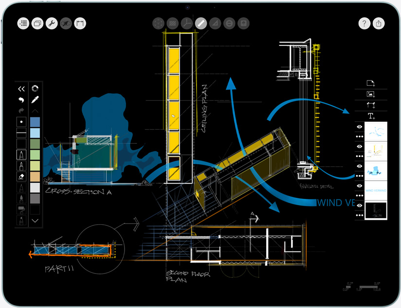 Horizontāli novietots iPad Air demonstrē Morpholio Trace aplikāciju