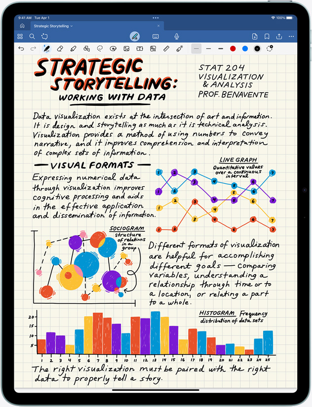 Vertikāli novietots iPad Air, ekrānā ir piezīmes un attēli