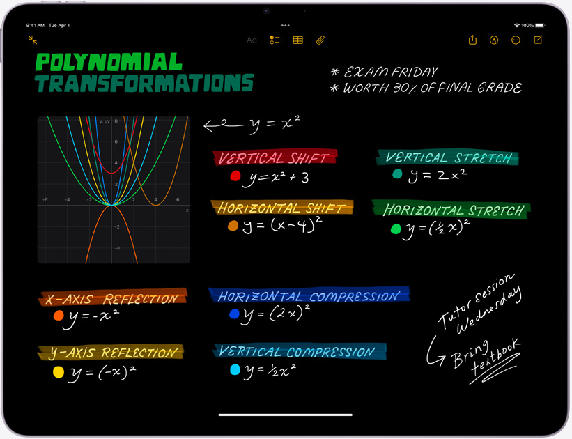 Horizontāli novietota iPad Air ekrānā redzamas Math Notes