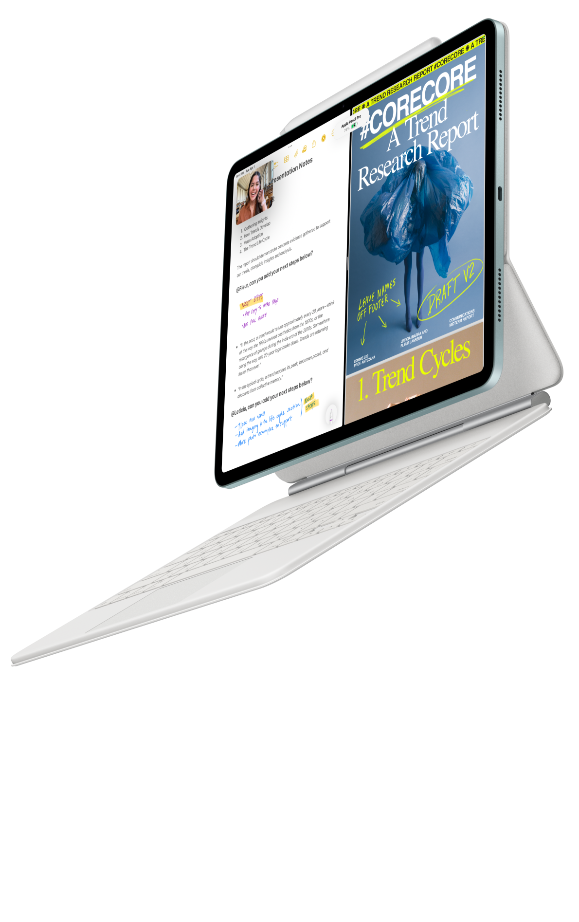 iPad Air ir savienots ar iPad Air Magic Keyboard un Apple Pencil Pro