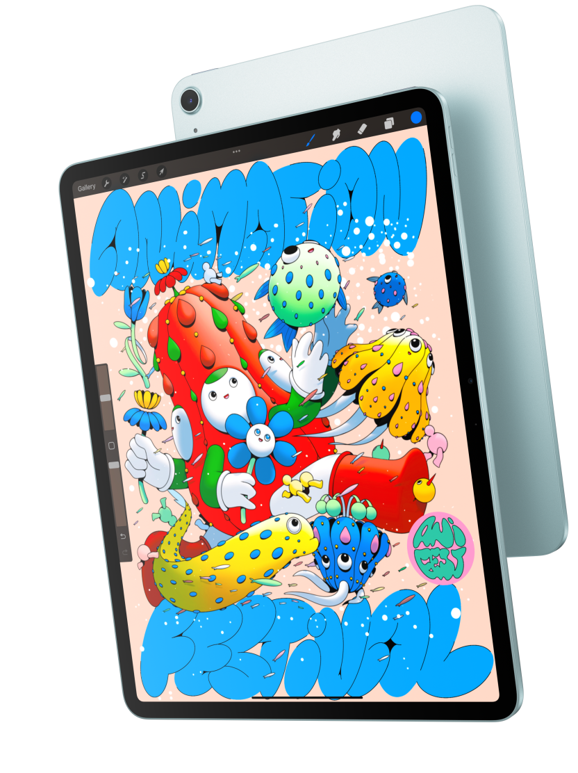 Pretskats, 13 collu iPad Air modelī redzama Procreate aplikācija, un tas aizsedz zila iPad Air aizmuguri